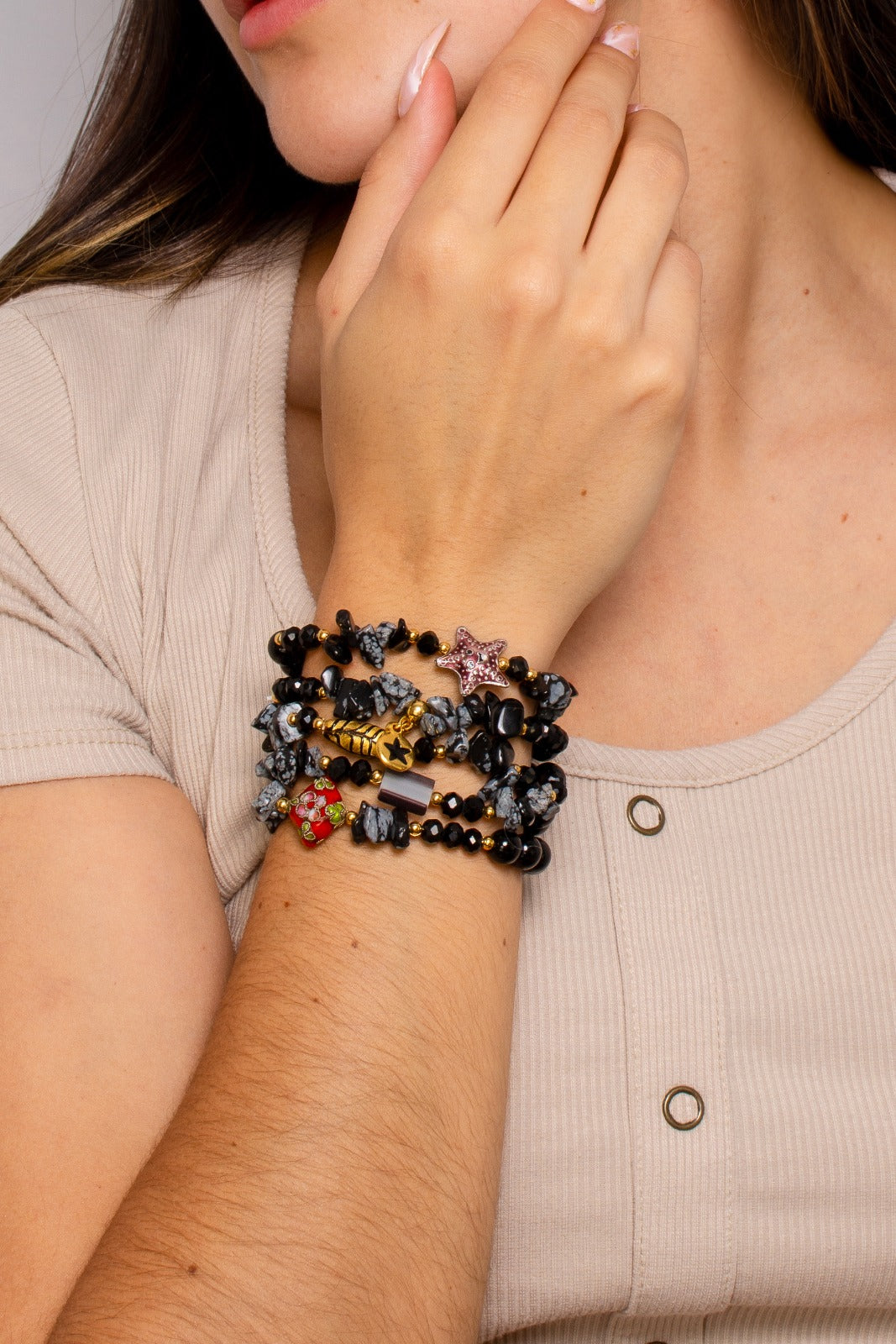 Set de pulseras en piedra picada y cristales